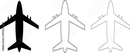Set of Three Airplane Icons - Solid Black and Outline Styles