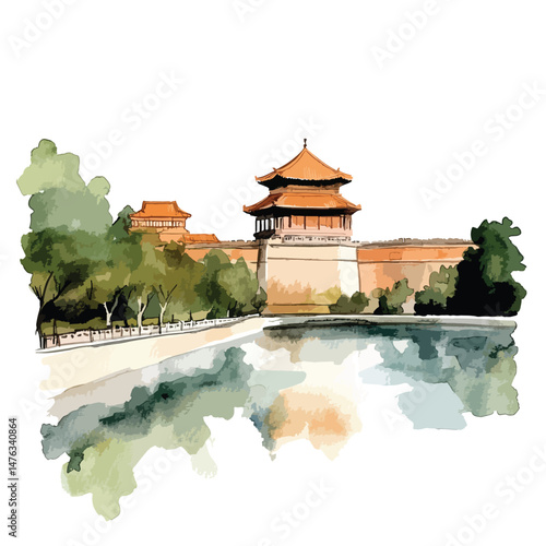 Forbidden City cute watercolors illustration isolated on white background