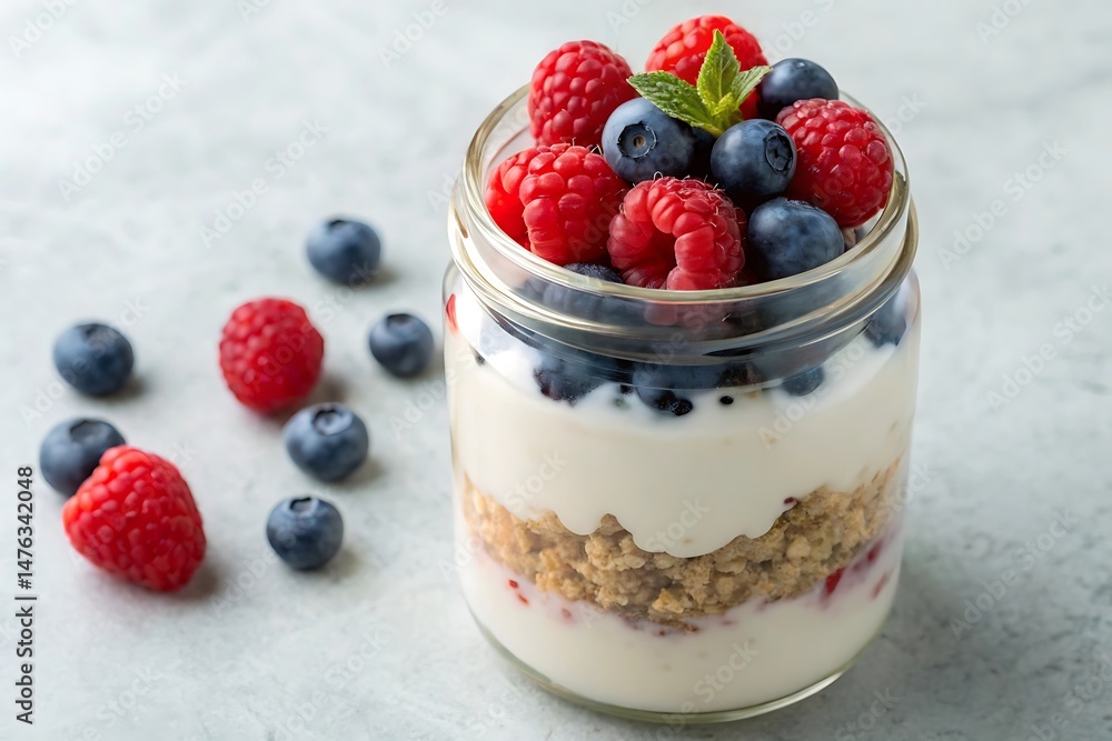 Creamy yogurt parfait in glass jar with berries – healthy breakfast Creamy yogurt parfait in glass jar with berries – healthy breakfast