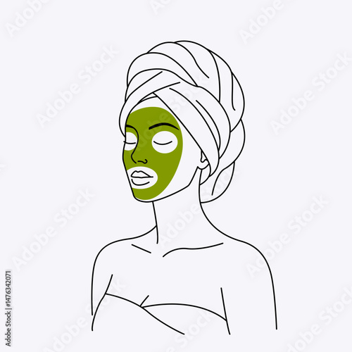 Beautiful girl with towel on her head and tropical flower and cleansing mask on her face in linear style. concept of spa treatments, relaxation and meditation. flat vector illustration on white