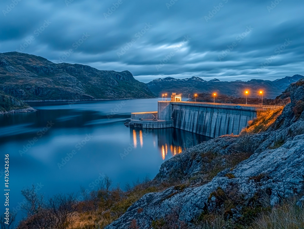 Obraz premium A stunning hydroelectric dam stands majestically at dusk, bathed in warm lights that reflect on the calm waters. Towering mountains surround the structure, enhancing the evening's mystical allure