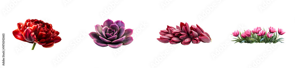 Four plants, succulent, red and pink tulips, on black, cut out transparent Four plants, succulent, red and pink tulips, on black, cut out transparent