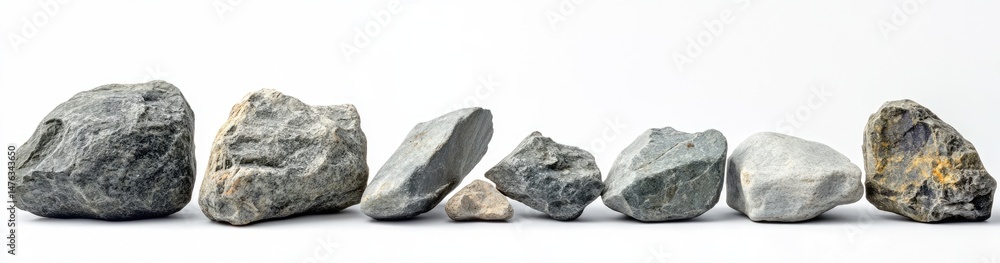 Assorted gray rocks on a white background. Various shapes and sizes, displaying natural textures Assorted gray rocks on a white background. Various shapes and sizes, displaying natural textures