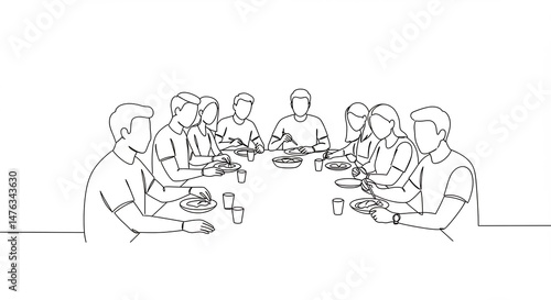 People Dining Together at a Table in Line Art Style Illustration