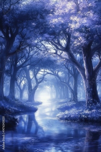 Wallpaper Mural Serene Blue Forest Scene with Reflective River and Dreamy Atmosphere, Artistic Landscape, Tranquil Nature Torontodigital.ca