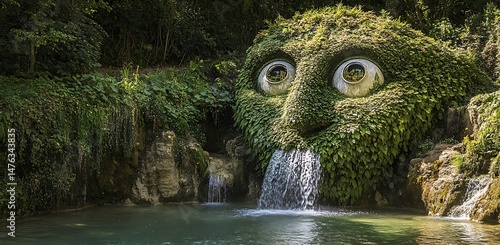 The giant head of an anthropomorphic water plant with two eyes and one mouth in the shape of flowing grasses and plants on top of rolling hills