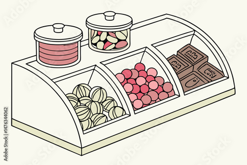 46 colorful assortment of various candies and snacks in glass jars, rows of mixed candy, nuts and other treats, vibrant colors and textures, classic confectionery display, tempting sweets in a modern,