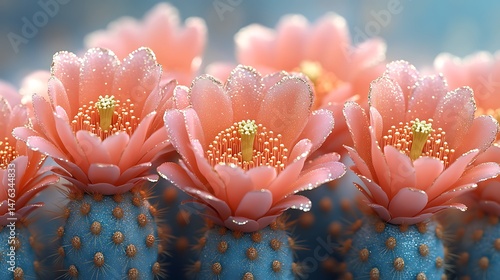 Fototapeta Naklejka Na Ścianę i Meble -  Desert cactus flowers shining under golden twilight high resolution image