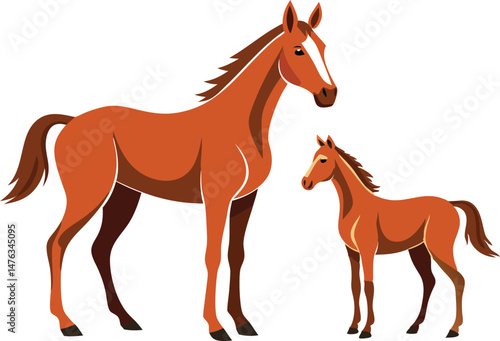 An adult horse and a foal standing a short distance apart within the same frame 