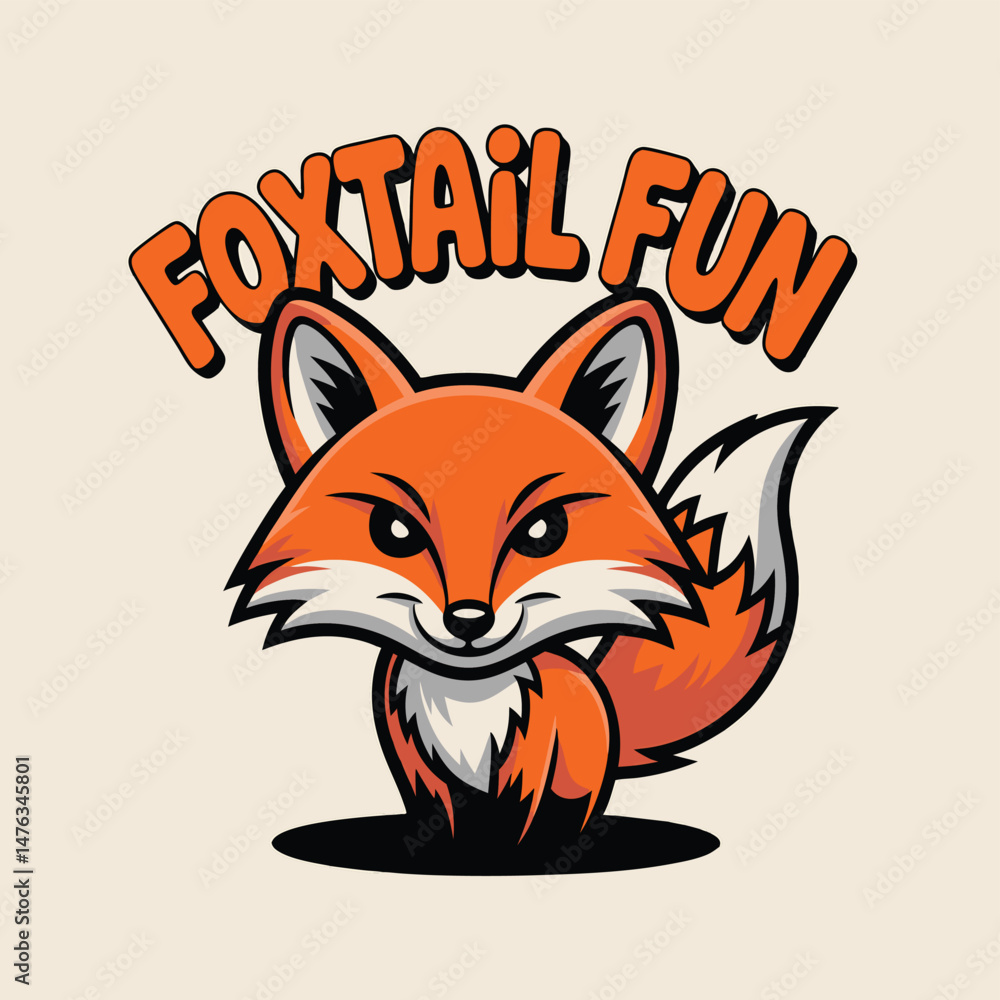 Obraz premium Adorable Cartoon Fox Character Design with Foxtail Fun Text for Kids Apparel and Branding