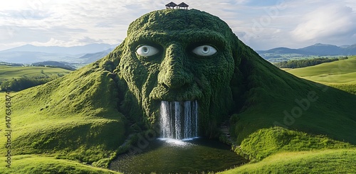 The gigantic green mountain shaped like the head of an ancient god has water cascading down its face and mouth from above into two streams that flow through lush grass fields in front of