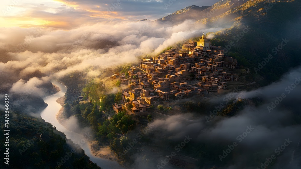 Fototapeta premium A fantastical village nestled within a valley of clouds.