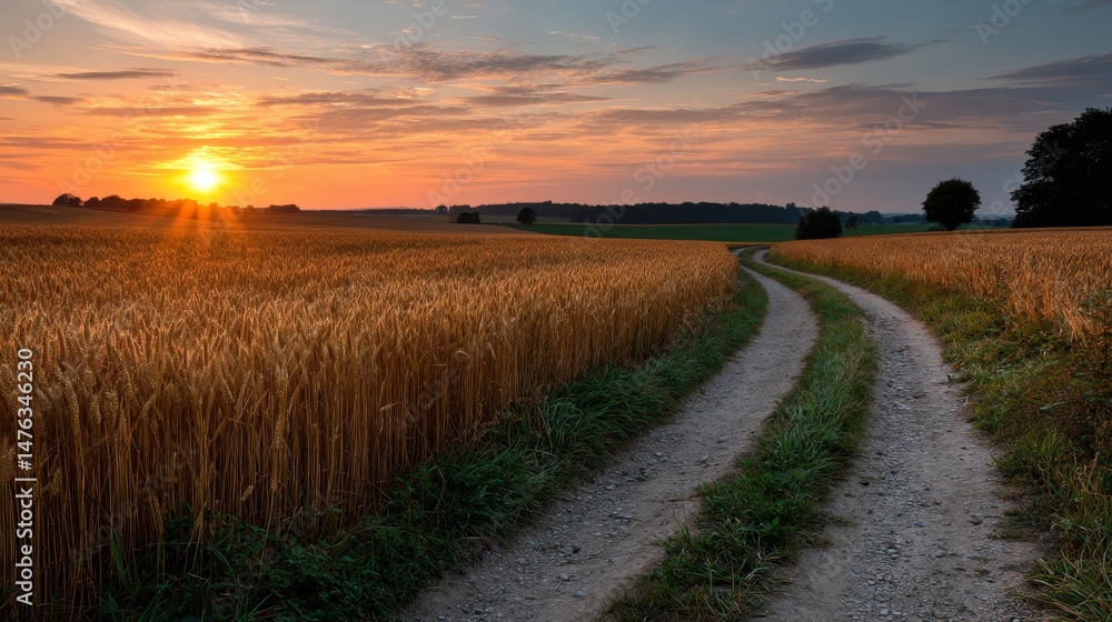 Fototapeta premium A glowing sunrise illuminates a winding country road surrounded by golden wheat fields. Soft pastel colors fill the sky, creating a peaceful rural atmosphere