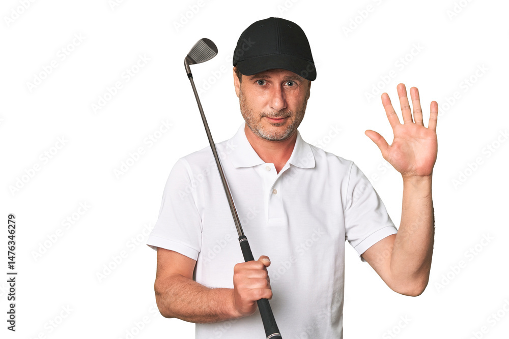 Middle aged golfer man smiling cheerful showing number five with fingers. Middle aged golfer man smiling cheerful showing number five with fingers.