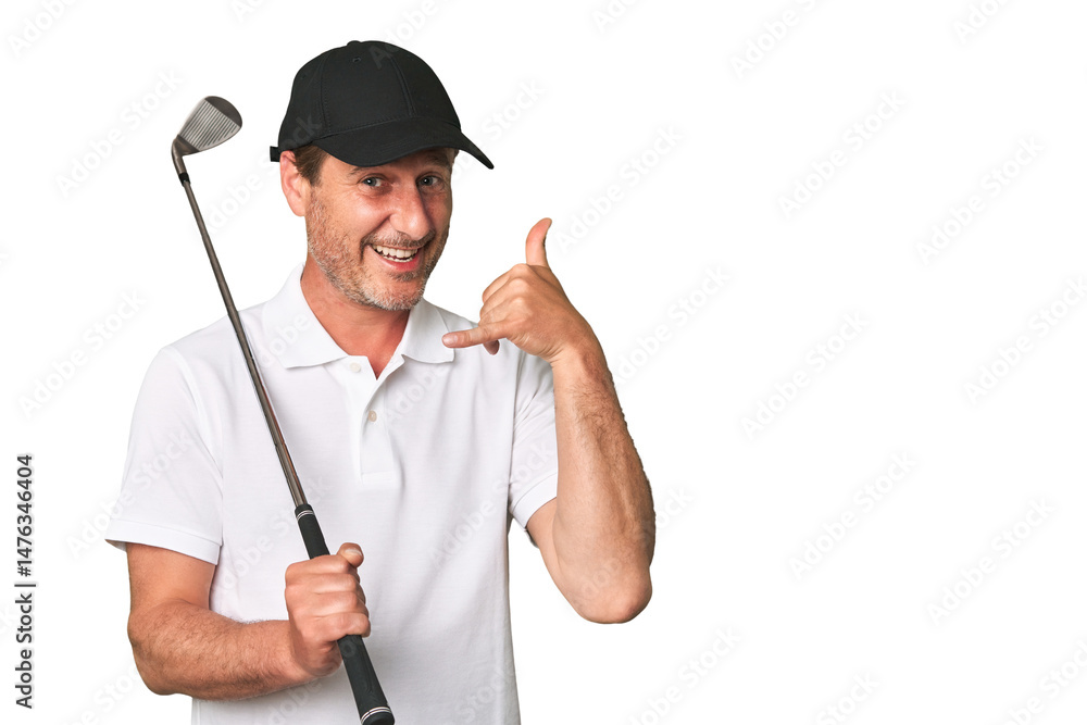 Middle aged golfer man showing a mobile phone call gesture with fingers. Middle aged golfer man showing a mobile phone call gesture with fingers.