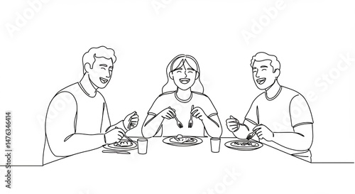 People Eating Together and Smiling Line Art Illustration