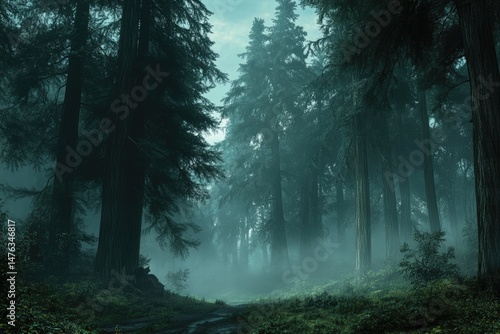 Misty forest path, tall trees. Dense evergreen trees form a dark canopy, shrouded in a thick mist.  A narrow path winds through the woods, emerging into a hazy distance. 