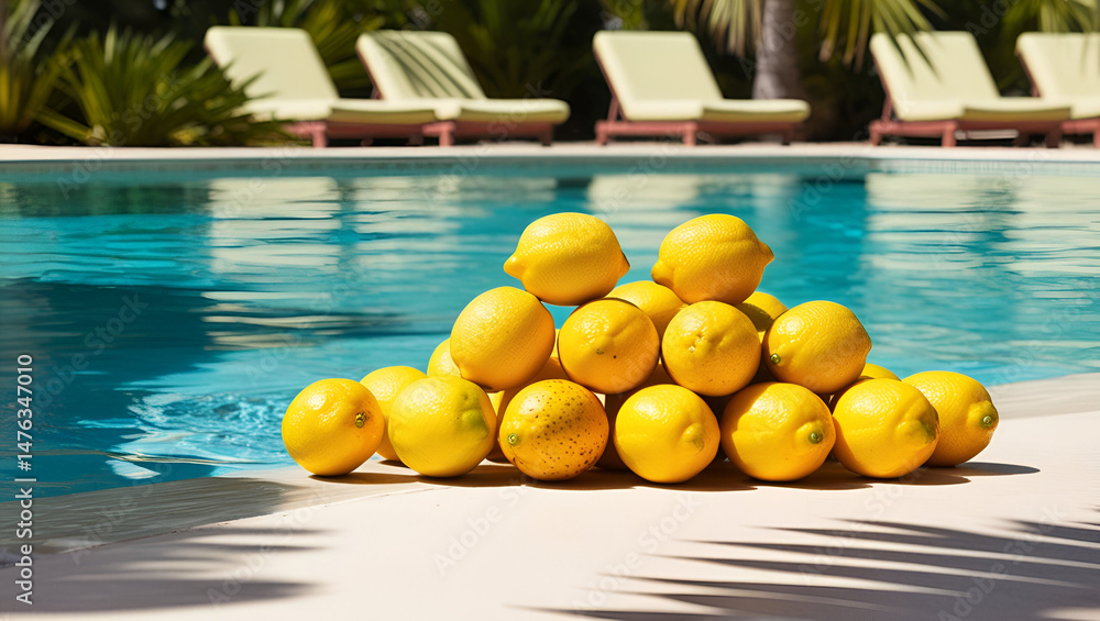 Sunny outdoor scene with vivid yellow lemons lying by a crystal-clear blue pool, glowing in natural sunlight