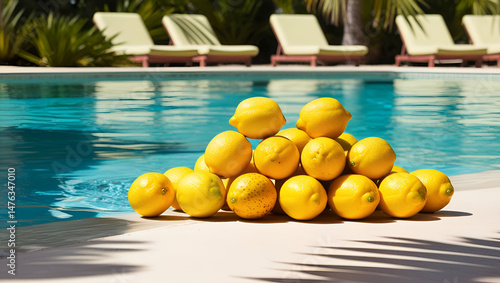 Obraz na płótnie Sunny outdoor scene with vivid yellow lemons lying by a crystal-clear blue pool, glowing in natural sunlight w salonie