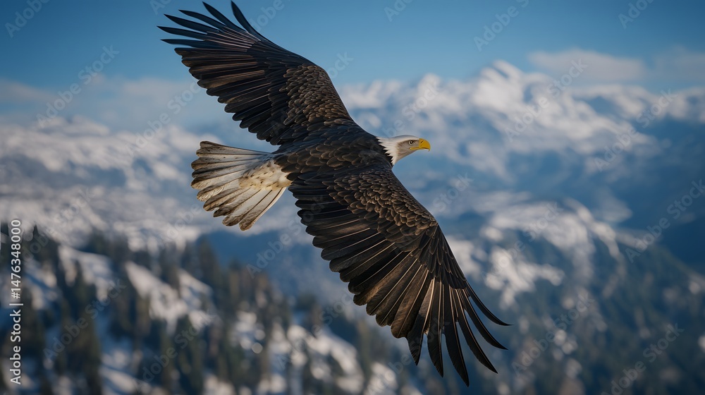 Obraz premium Majestic bald eagle soaring above snow-capped mountains.