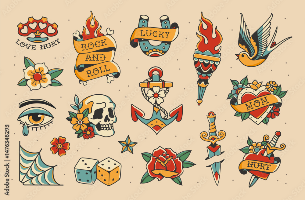 Perfect Old school tattoo design set 1. Old school traditional tattoo stickers collection. Old school tattoo symbols and tradition elements of swallow, bird, torch, anchor, heart, flower, rose etc