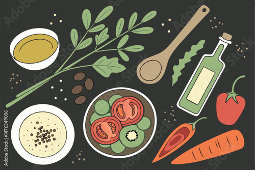 49 food, ingredients, vegetables, spices, oil, bowls, wooden spoons, black background, top view