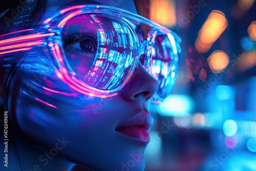 Wallpaper Mural Close-up of a person wearing futuristic glasses reflecting city lights. Torontodigital.ca