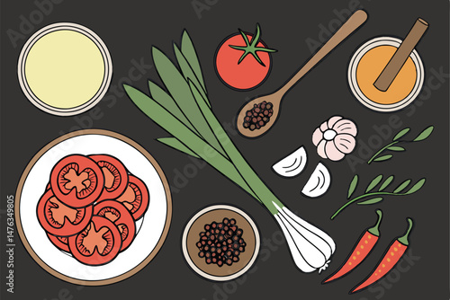 49 food, ingredients, vegetables, spices, oil, bowls, wooden spoons, black background, top view
