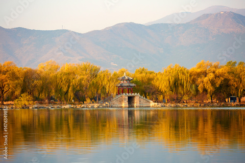 Beijing Summer Palace autumn landscape with lake and traditional buildings of pavilion and tower