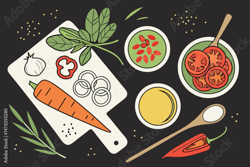 49 food, ingredients, vegetables, spices, oil, bowls, wooden spoons, black background, top view