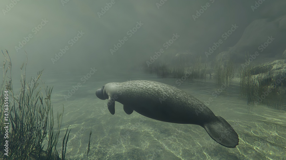 Fototapeta premium Underwater view of a gentle sea cow swimming.