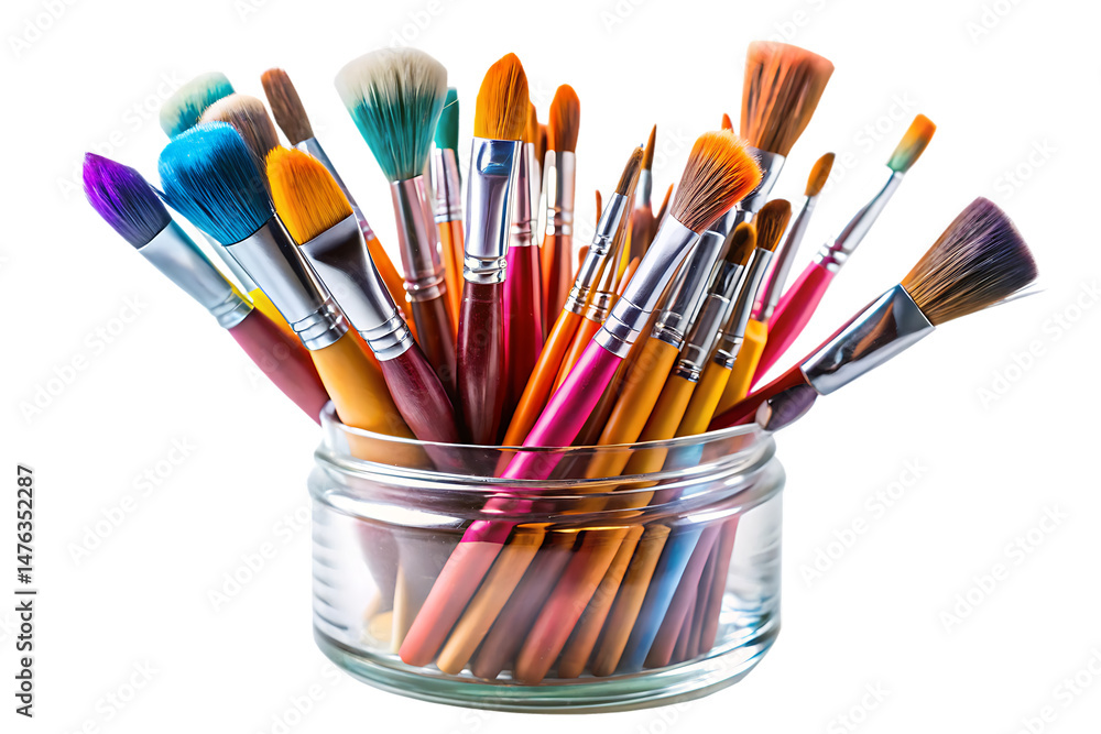 Fototapeta premium A Colorful Array of Brushes Resting in a Glass Jar on White Background. PNG