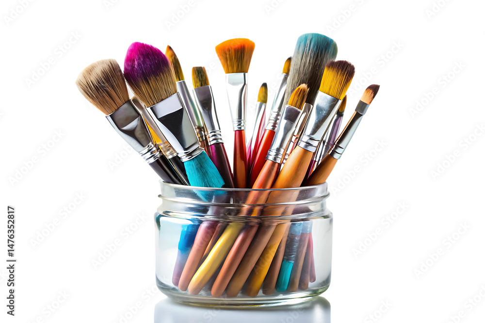 Fototapeta premium A Colorful Array of Brushes Resting in a Glass Jar on White Background. PNG