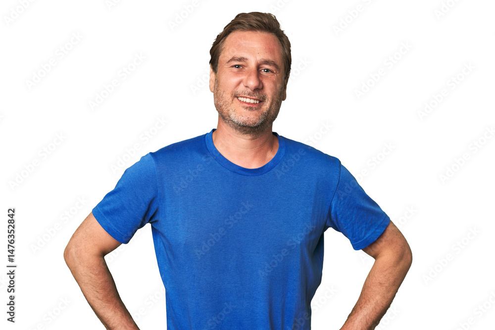 A middle-aged man isolated confident keeping hands on hips. A middle-aged man isolated confident keeping hands on hips.