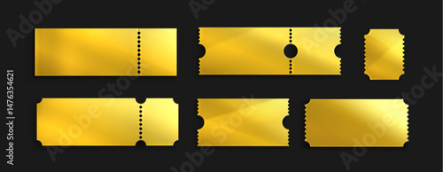 Golden ticket coupon templates set - luxury shiny gold perforated stub shapes, elegant premium gift certificate blanks, glittering golden benefit voucher. Blank movie or ceremony admit label.