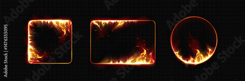 Fire frame borders set with burning hot edges and flame. Fiery orange and yellow inferno blazing heat outline. Smoldering red embers, scorching danger glow. Flaming square, circle and rectangle shapes