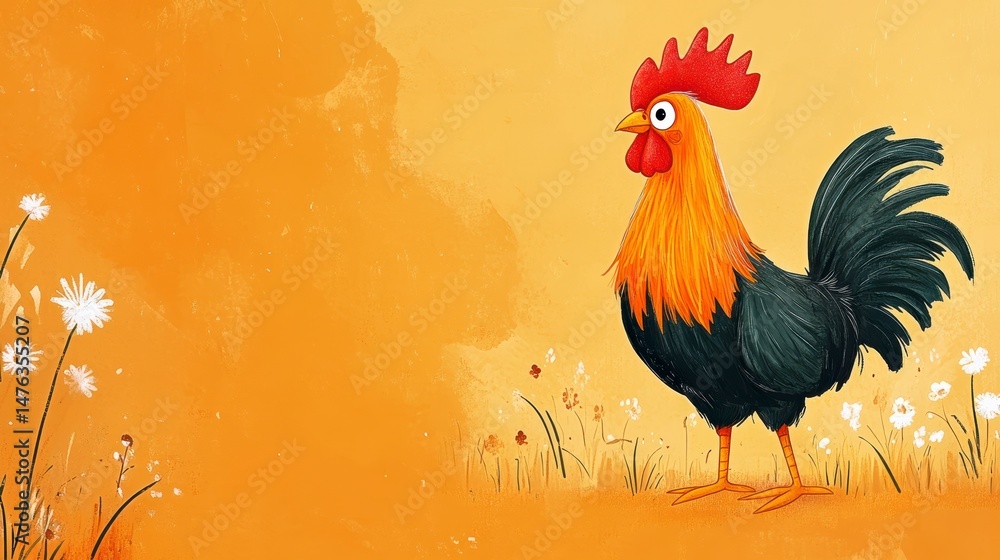 Fototapeta premium A rooster stands in a field of wildflowers against a warm orange background.