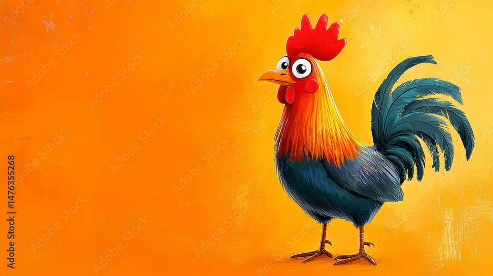 Fototapeta premium Cartoon rooster illustration on orange background. (1)