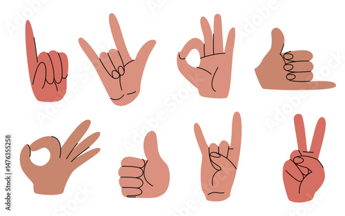 Hand gesture doodles set - various finger positions in sketched style. Thumbs up, peace sign, ok and rock symbol illustrations. Nonverbal communication signals, body language icons minimalist design.