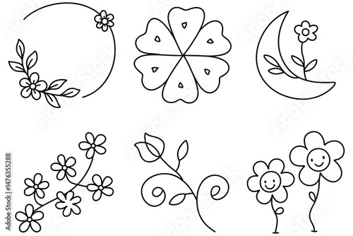 Floral line drawing features various designs including flowers, leaves, and whimsical elements that evoke cheerful atmosphere