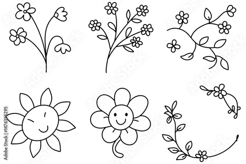 Floral line drawing features various flowers and playful designs that evoke joy and creativity