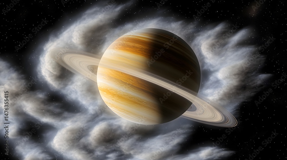 Fototapeta premium A vibrant depiction of a ringed planet amidst cosmic clouds.
