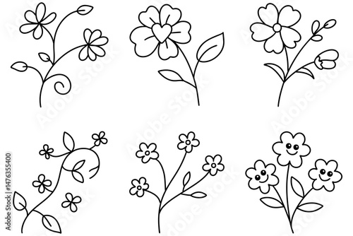 Floral line drawing showcases variety of charming flowers with delicate details and playful expressions