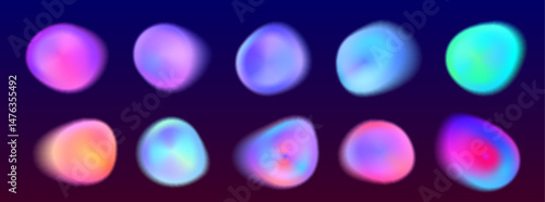 Luminous gradient aura circles set - vibrant neon colors iridescent round shapes collection on dark background. Colorful glowing orbs for magical energy design. Blurry radiant abstract blobs.