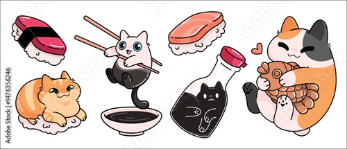 Kawaii food cat stickers - anime style kitties on chopsticks, in soy sauce bottle, hugging fish shaped cookie, lying on rice as sushi. Cute Japanese cuisine illustrations for restaurant decor.