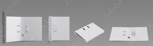 Ring binder folder mockups in various angles. White blank office stationery - corporate identity templates. Empty paper document cover, booklet page layout. School notebook or business organizer set.