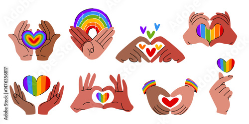 Rainbow heart hands gestures set - love equality symbols isolated on white background. Doodle sketch for LGBT pride month. Diverse skin tone palms making devotion shape sign with colorful stripes.