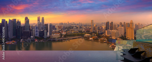 Photography Panoramic view of Singapore CBD skyline at sunset