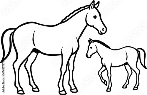  An adult horse and a foal standing a short distance apart within the same frame line art illustration