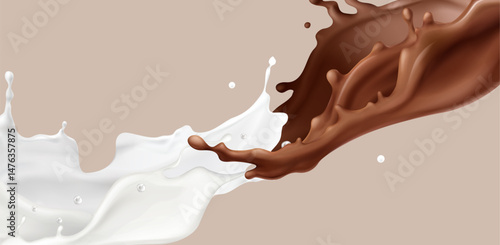 Splashing milk and chocolate liquid waves and droplets. Realistic 3d illustration of food and drink - sweet delicious creamy syrup dripping and flowing smooth. Cocoa tasty dessert graphic design.